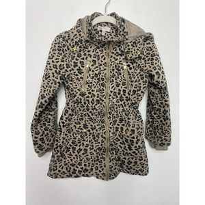 H&M Size 9-10 Tan Leopard Print Parka Coat Black Cinched-Waist Detachable Hood